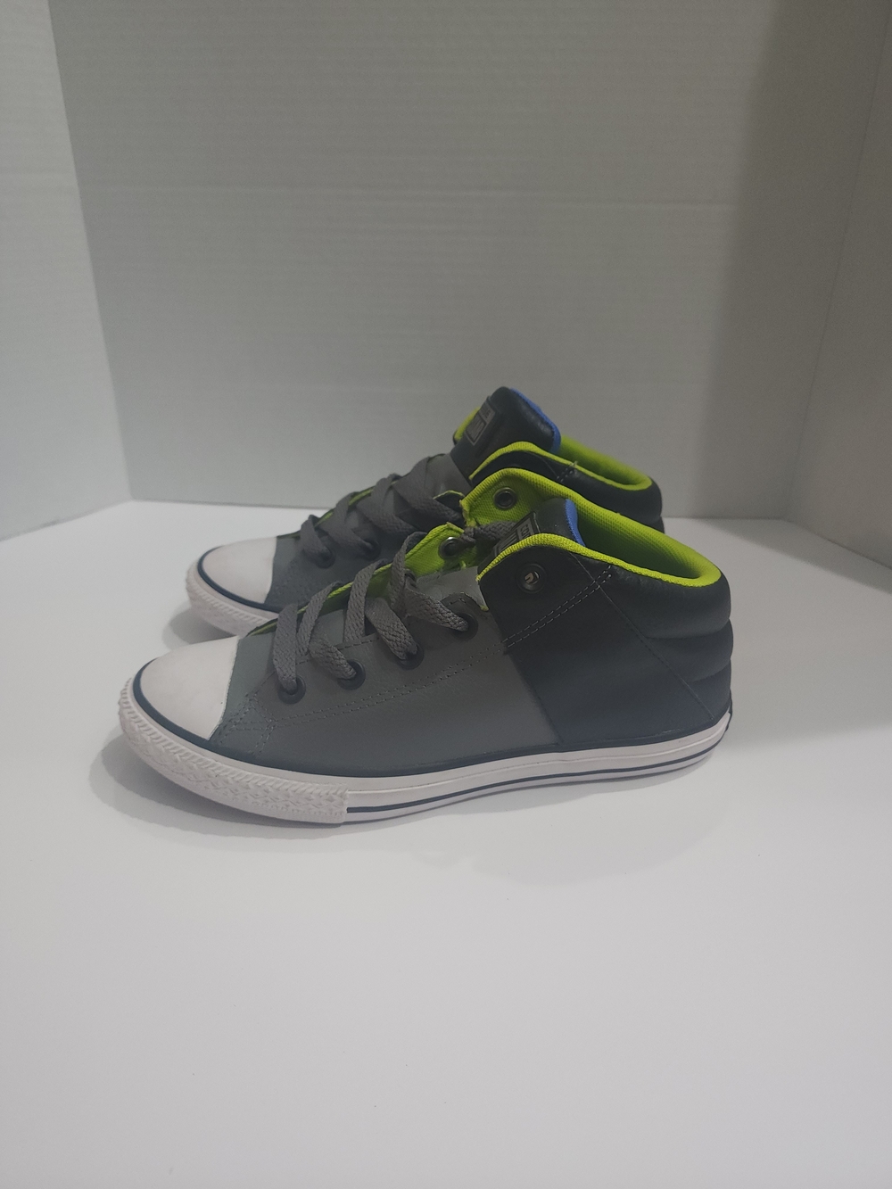 Kids Gray & Lime High-Top Sneakers with White Toe